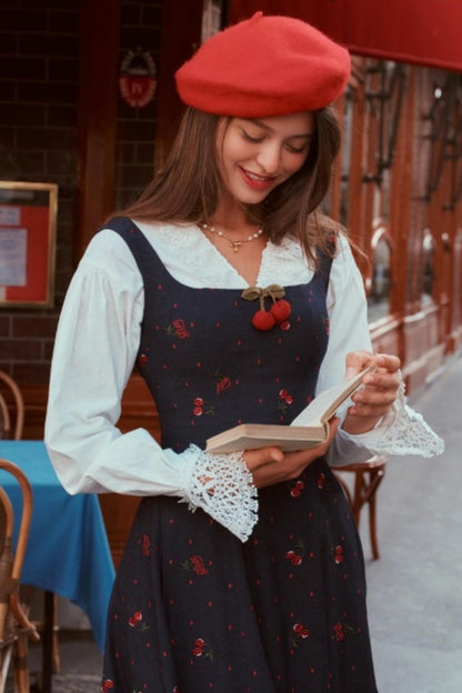 Cherry Lace Embroidered Denim Dress Set-Up