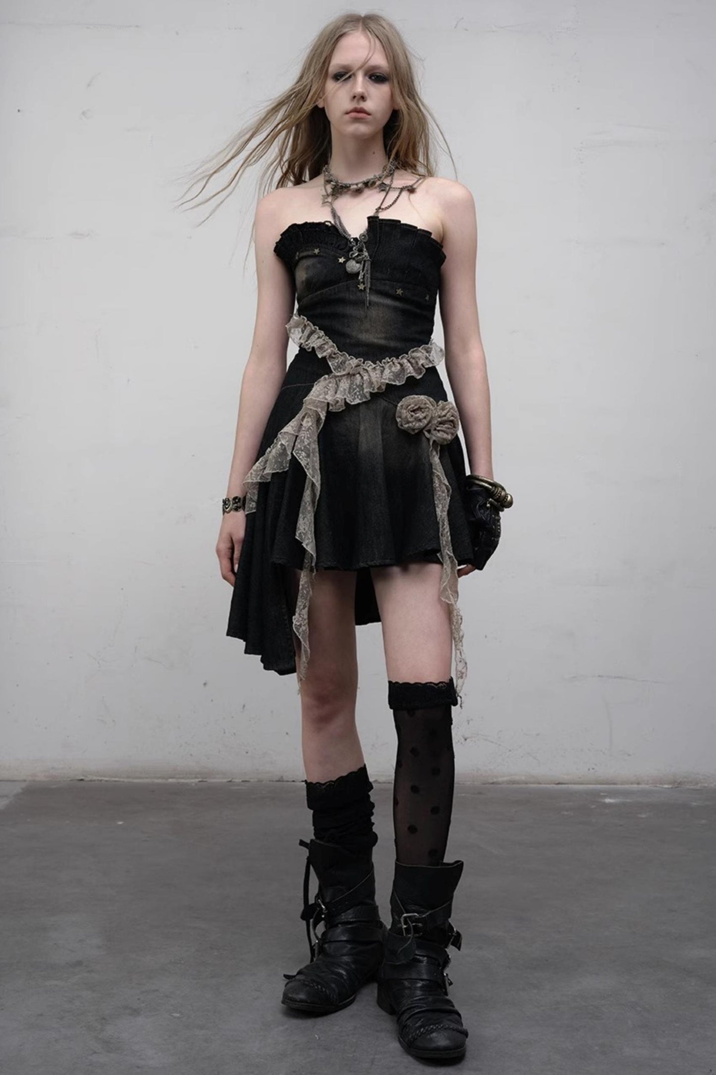 Vintage Black Lace Denim Dress