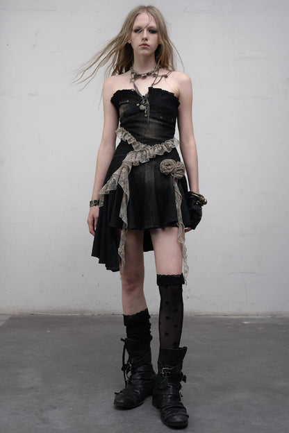 Vintage Black Lace Denim Dress