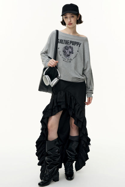 Puppy Print Slanted Shoulder T-Shirt