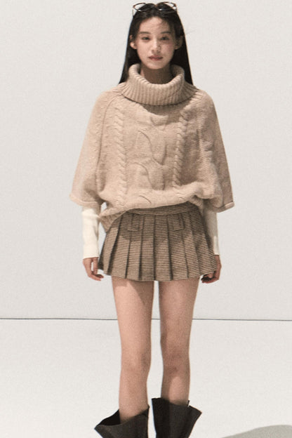 Moon Wool Twist Knit Cape Sweater Set-Up