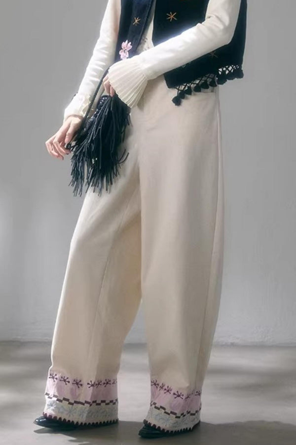 Embroidered Floral Linen Pants