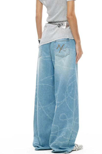 Washed Laser Print Denim Pants
