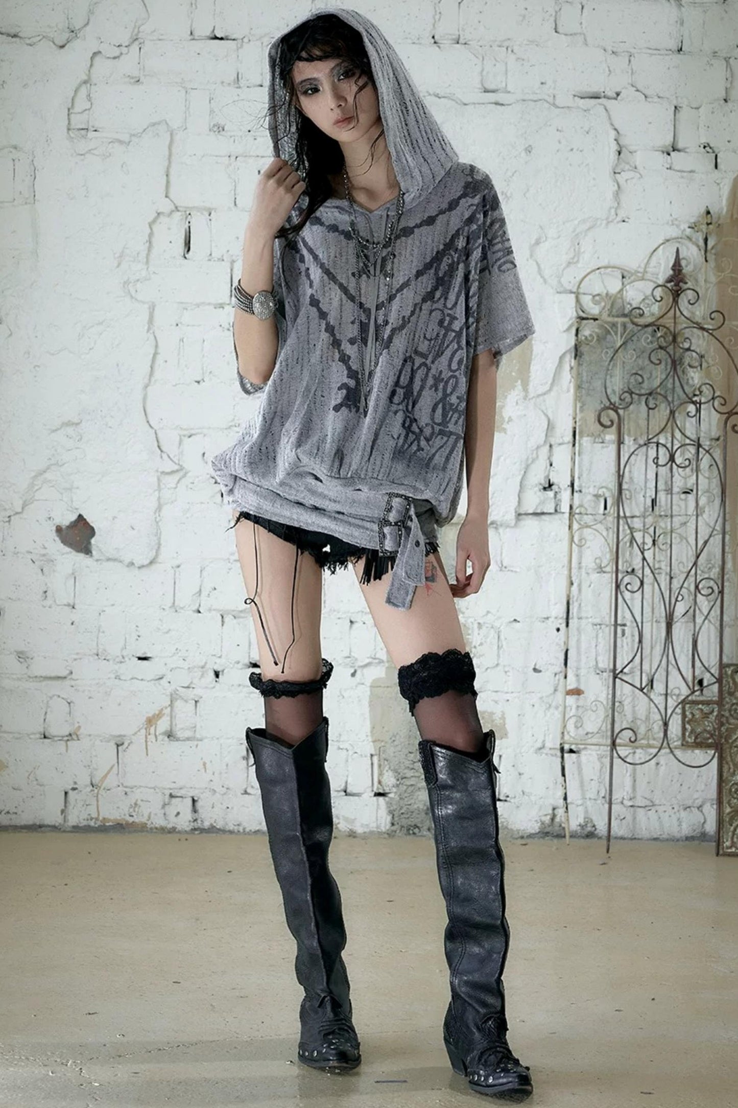 Punk Ripped Knit Hooded Blouse