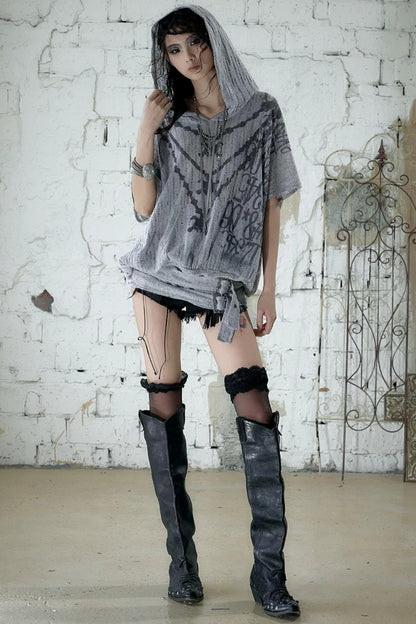 Punk Ripped Knit Hooded Blouse