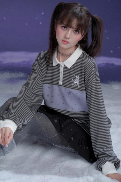 Gray-Purple Striped Polo Top