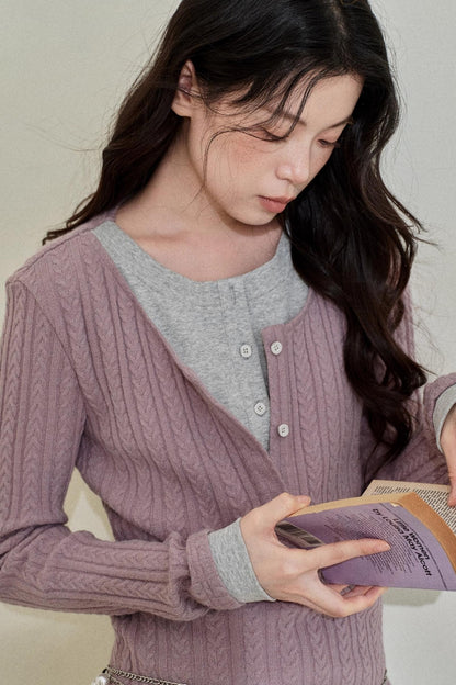Yellow Purple Knitted Long-Sleeved Tops