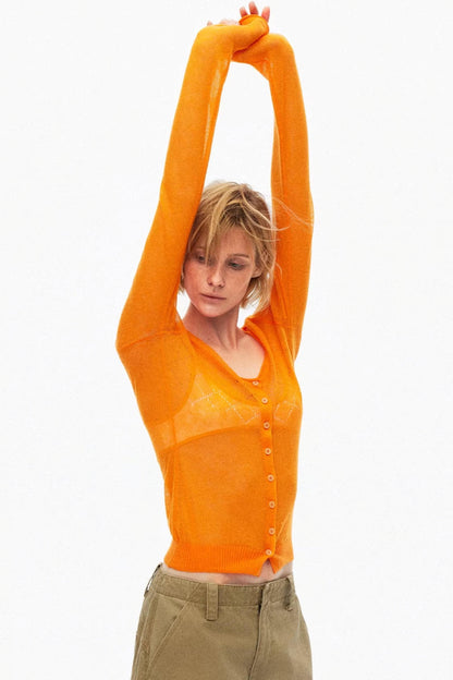 Vibrant orange lightweight hollow-out knit cardigan for stylish layering