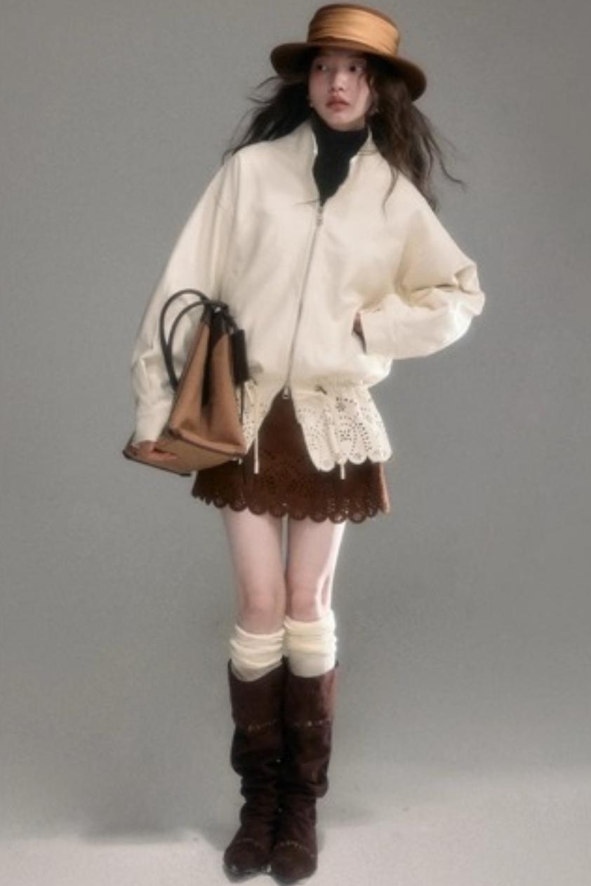 Hollow-Out Floral Leather Jacket