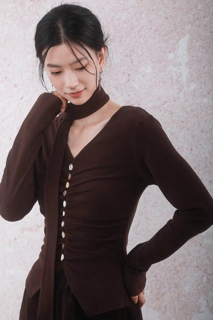 Caramel Coffee Shell Buckle Streamer Top