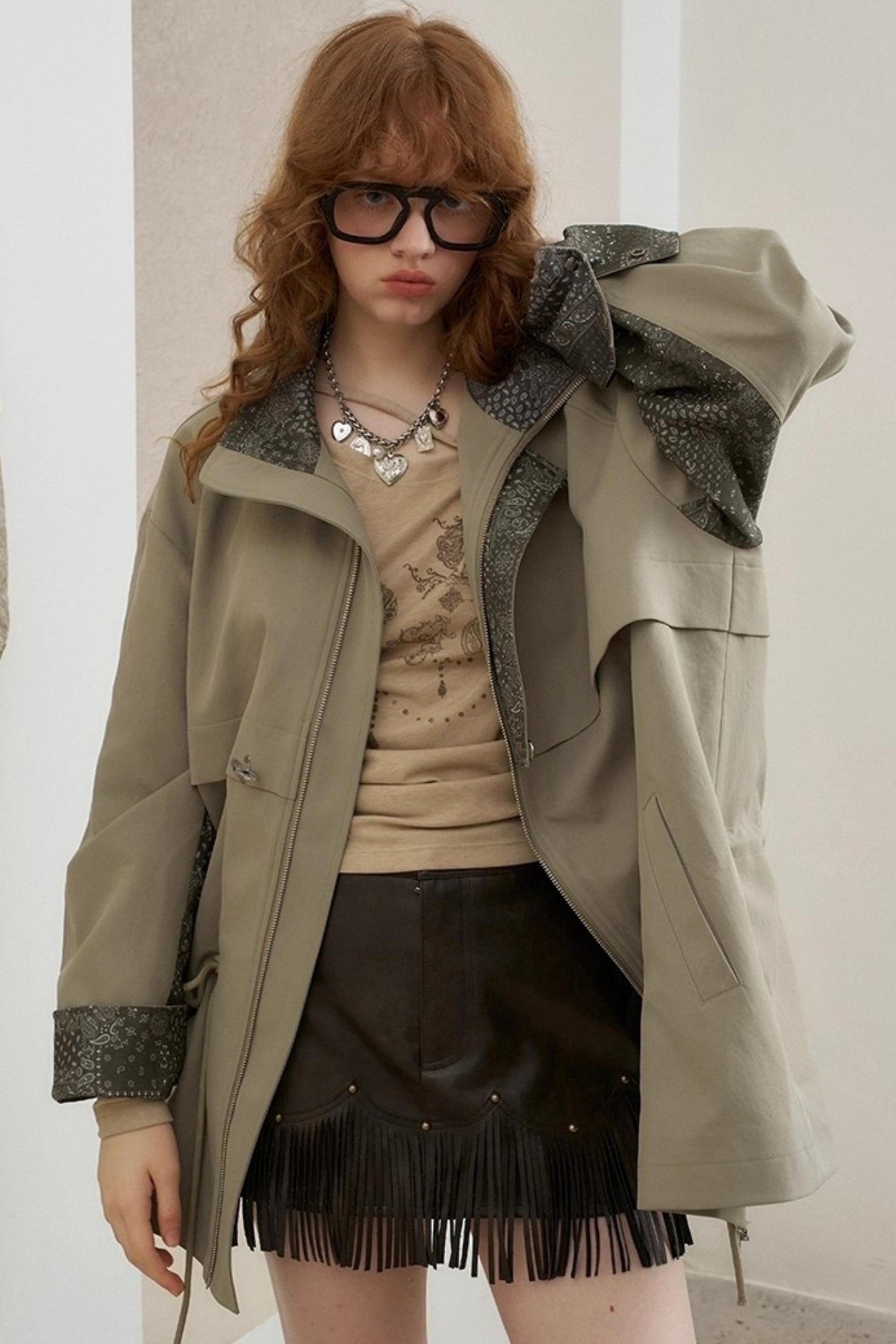 Contrast Windproof Drawstring Midi Trench Coat