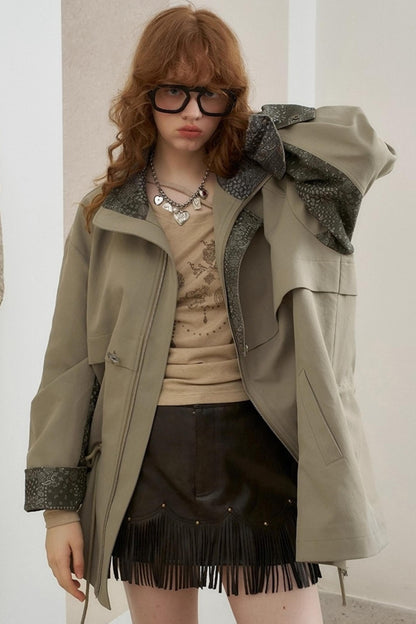 Contrast Windproof Drawstring Midi Trench Coat