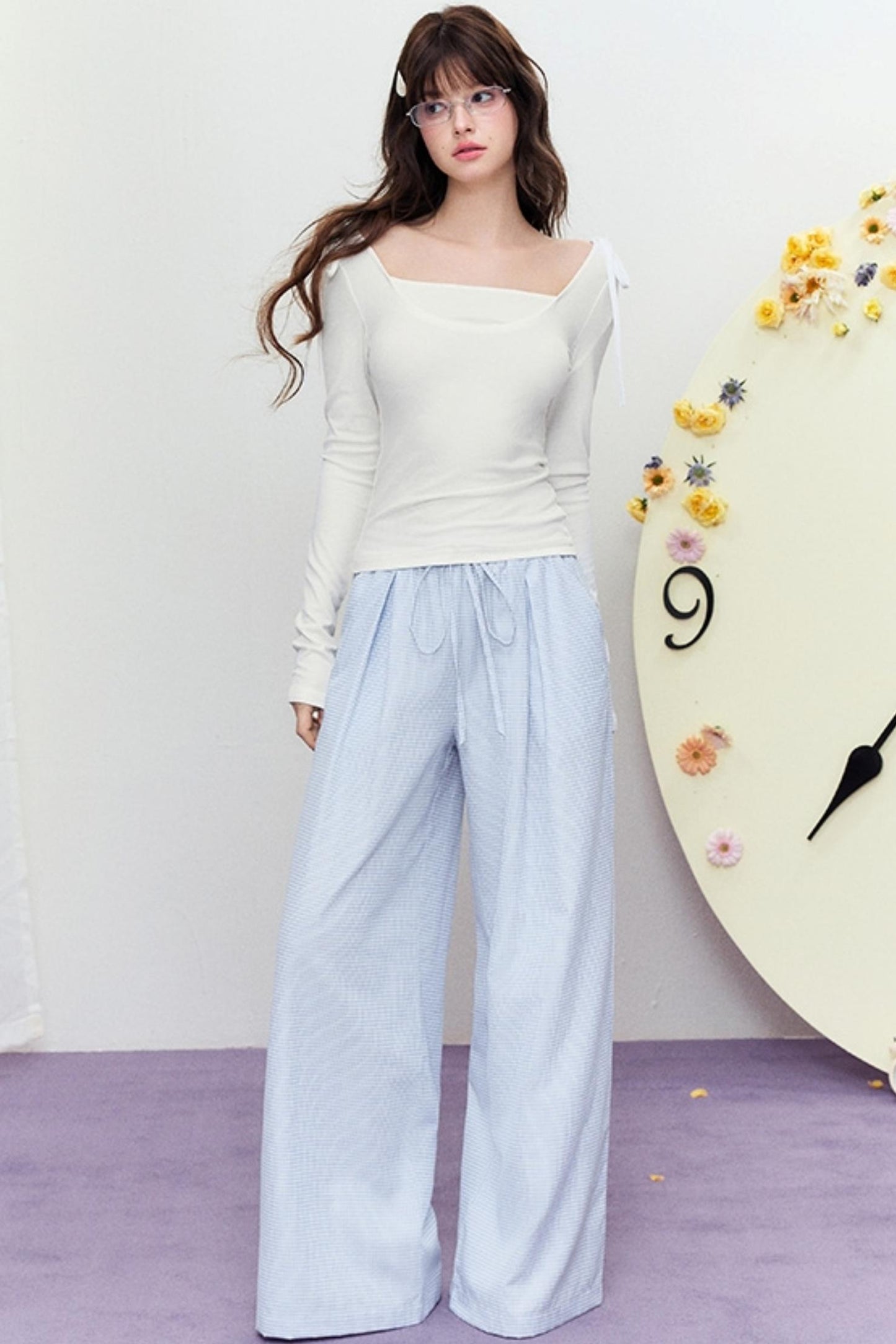 Korean Slim Tie Shoulder Top