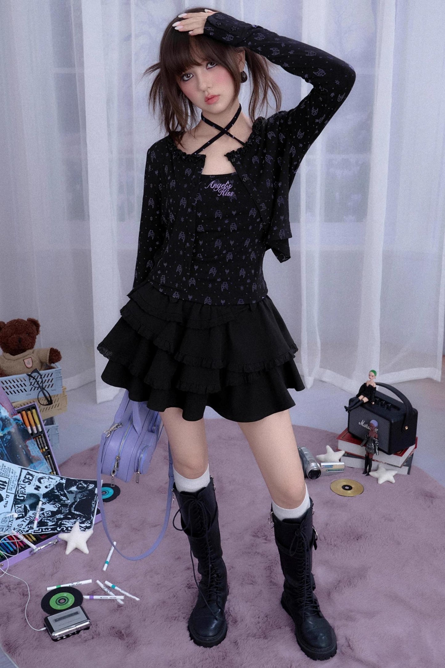 Angel Black & White Bear Print Cardigan Set-Up