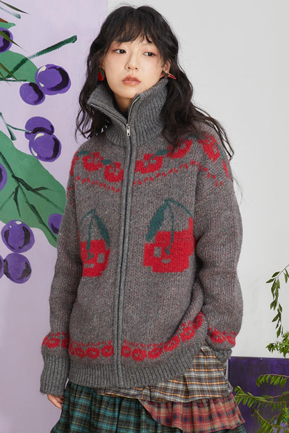 Retro Cherry Jacquard Wool Cardigan