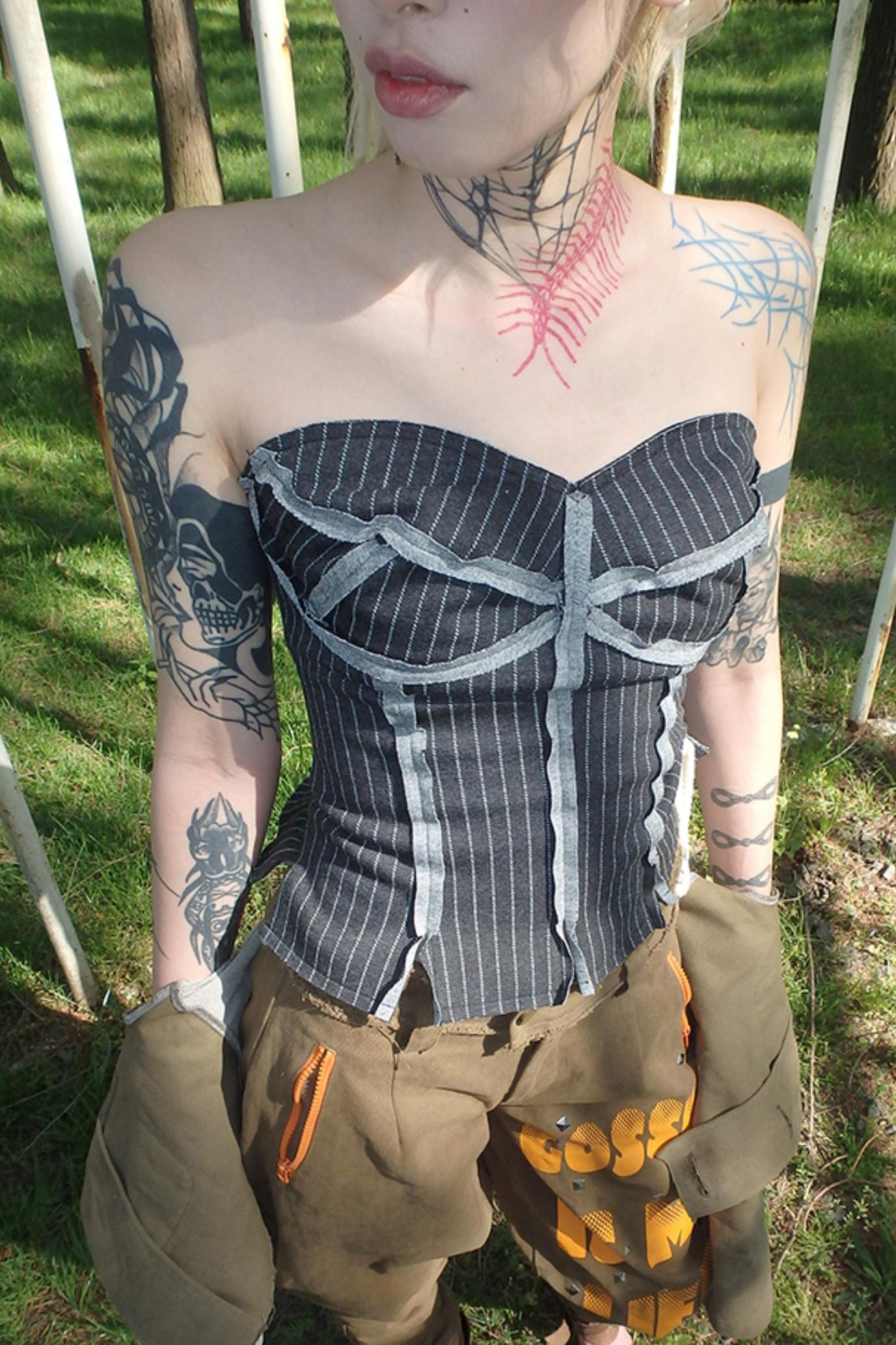 Illusion Stripe Drawstring Bustier Top