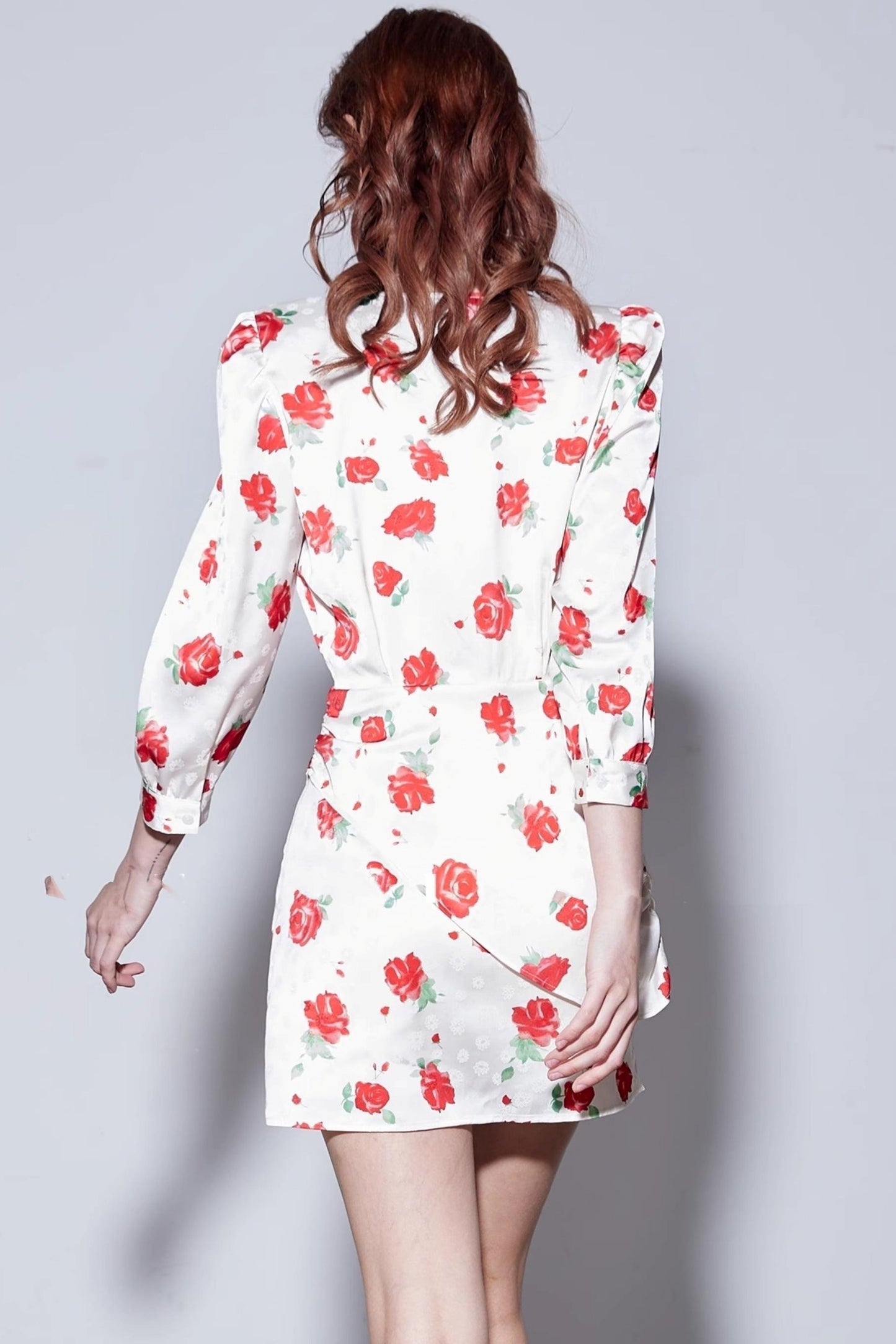 Satin Rose Jacquard V-Neck Dress