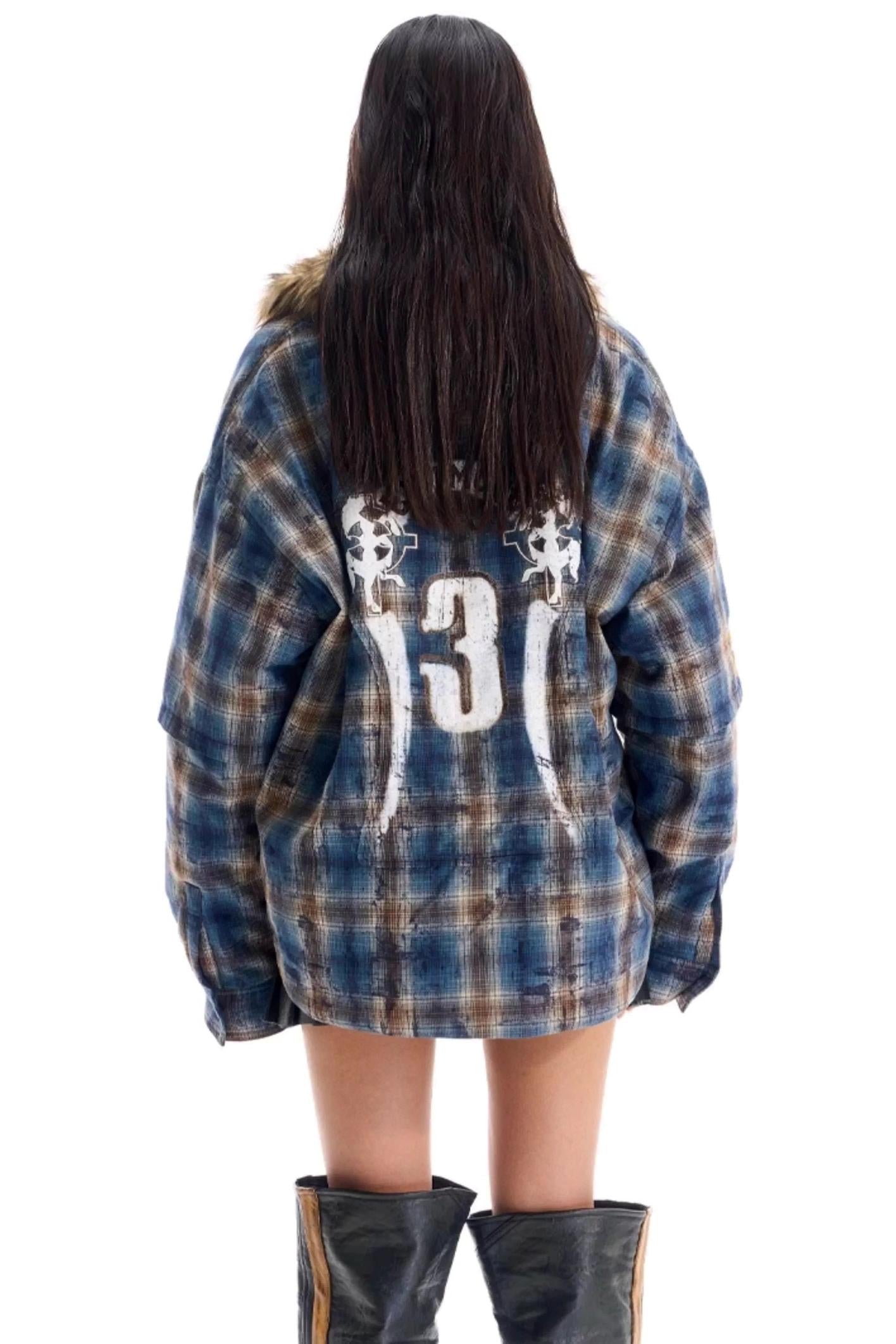 Embroidered Plaid Fur Collar Jacket