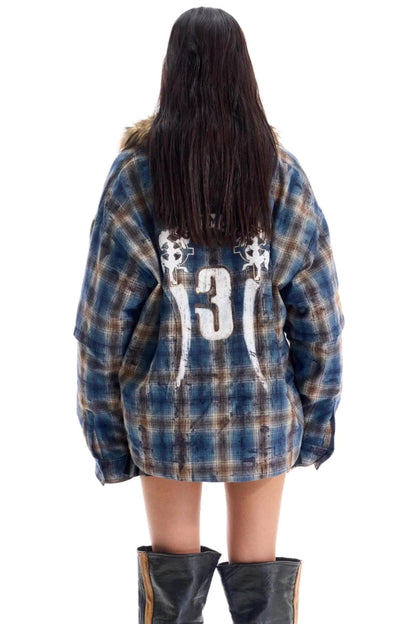 Embroidered Plaid Fur Collar Jacket