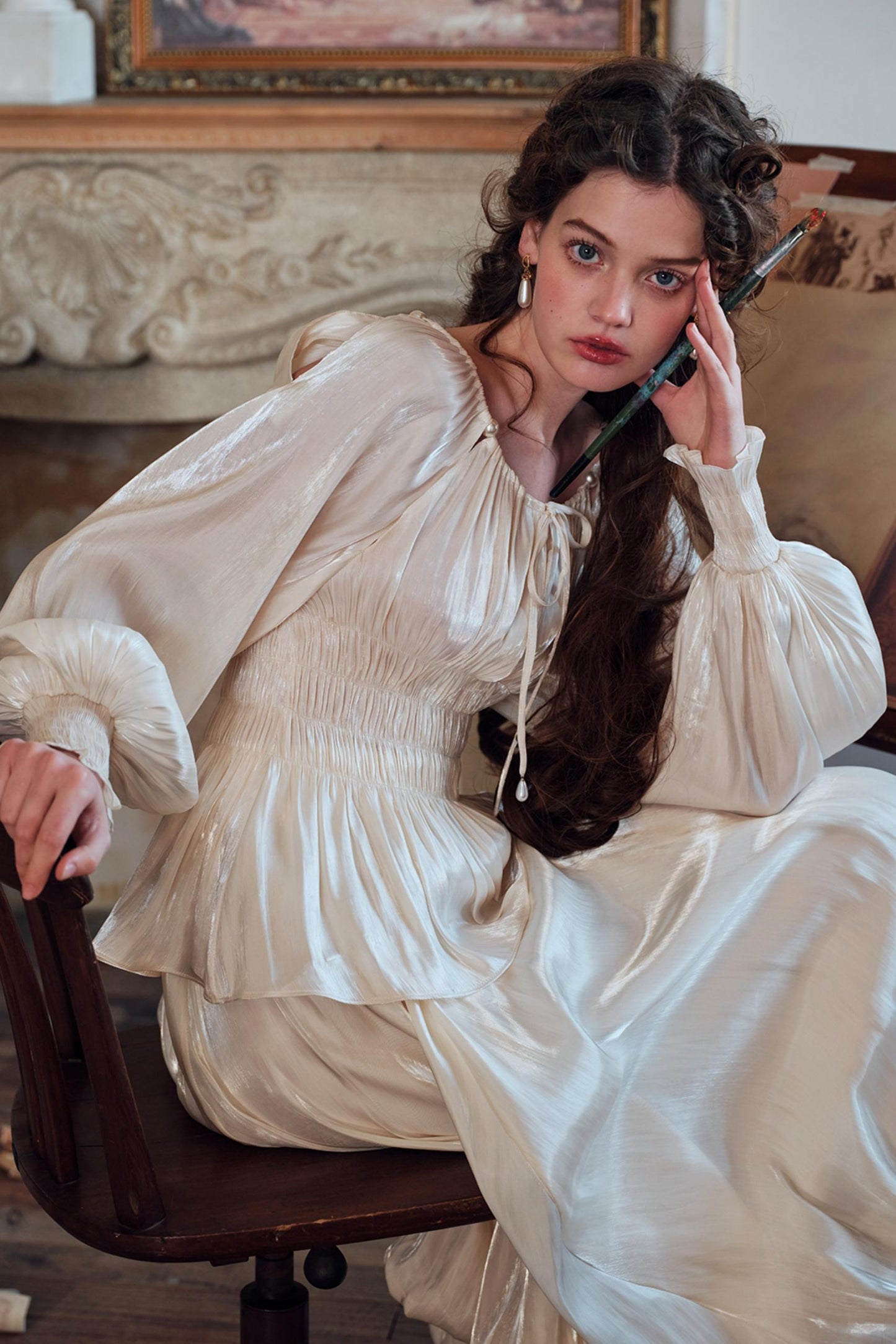 Satin Slim Fit Vintage Skirt Shirt Set-Up