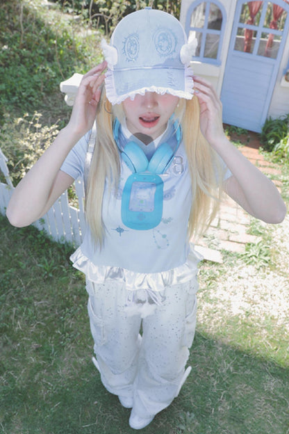 Blue Ruffle V-Neck Tee