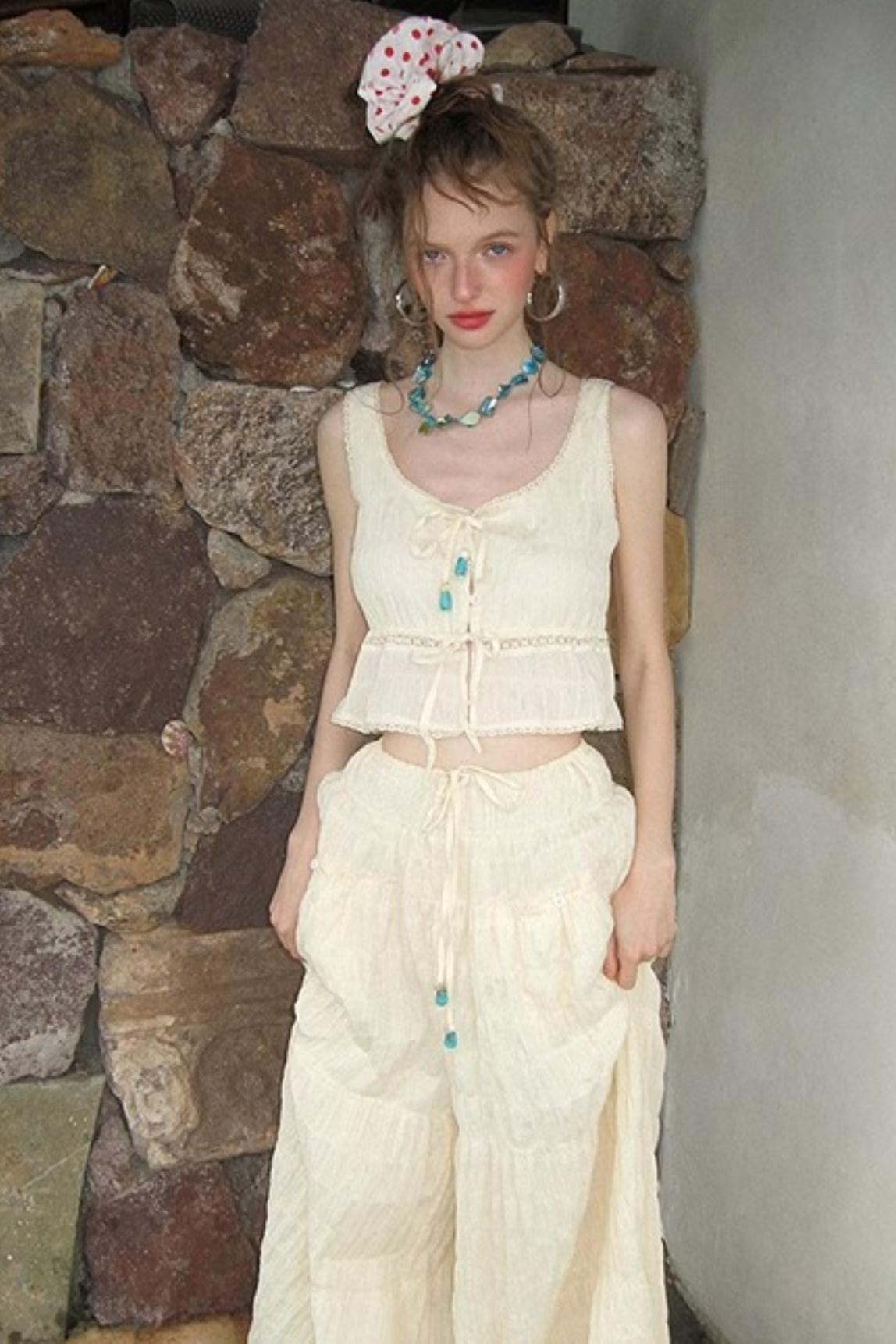 Beige Textured Lace Skirt Set-Up