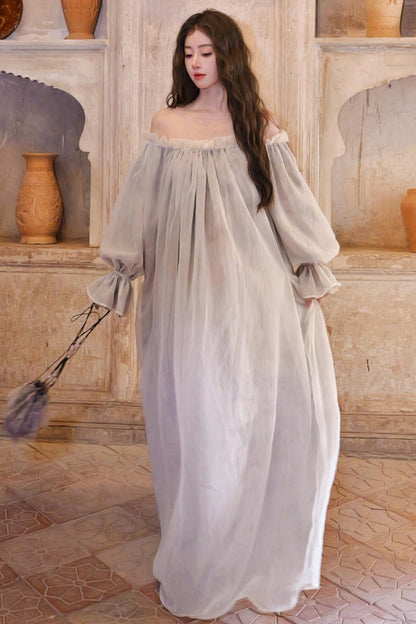 French Romantic Lace Neck Long Dress