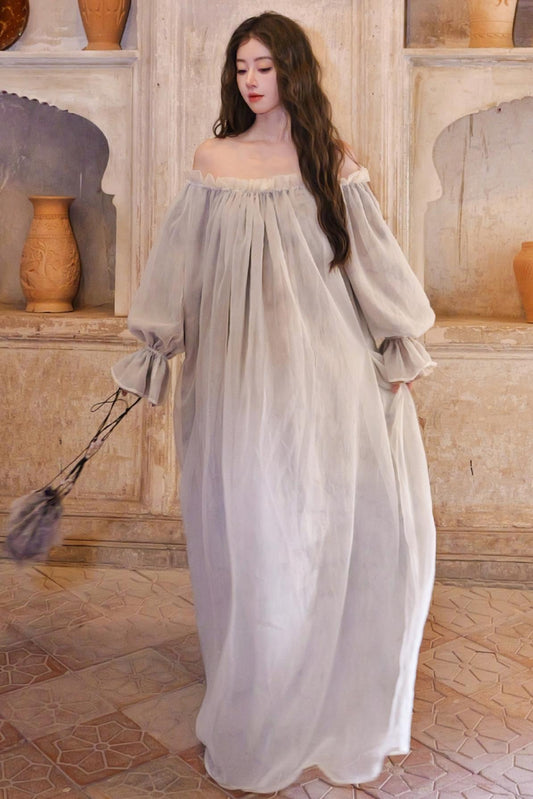 French Romantic Lace Neck Long Dress