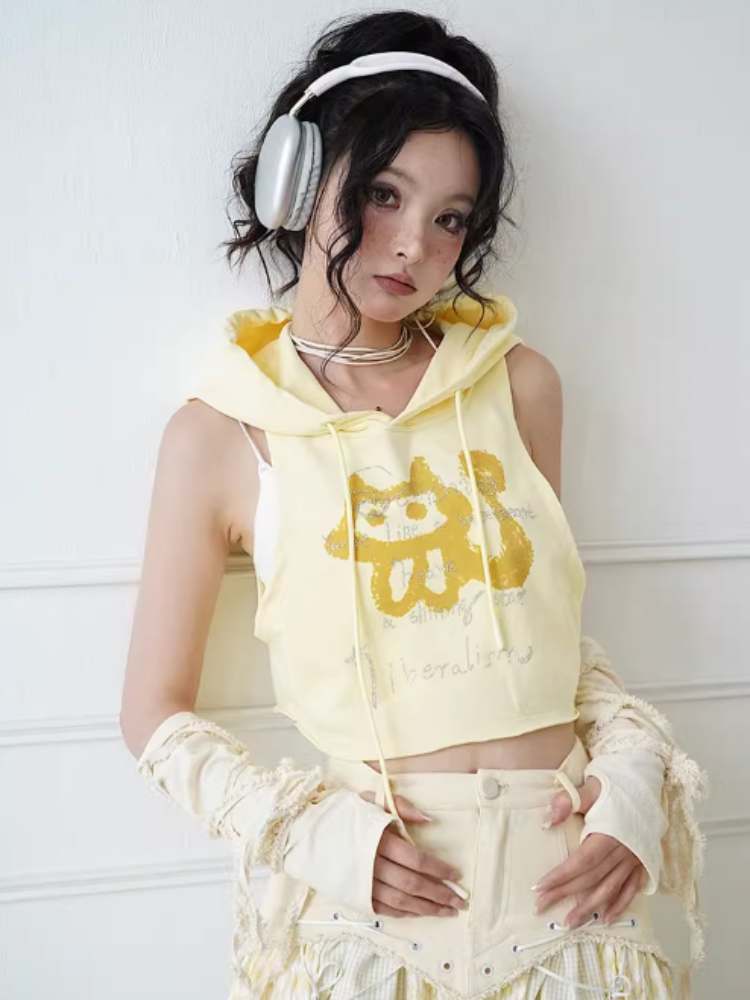 Kitty Print Hooded Tops & Camisole