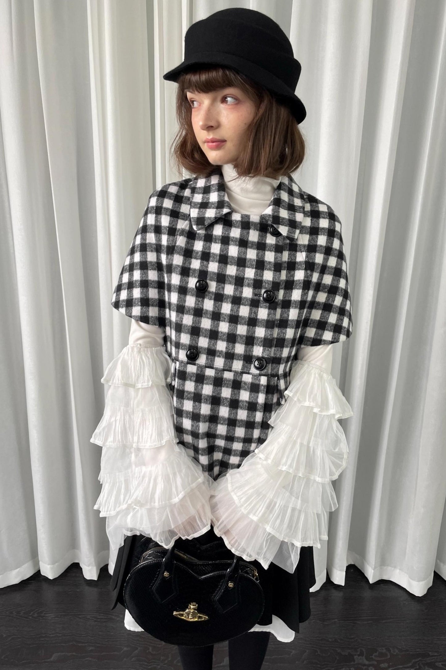 Black Plaid Lapel Woolen Coat