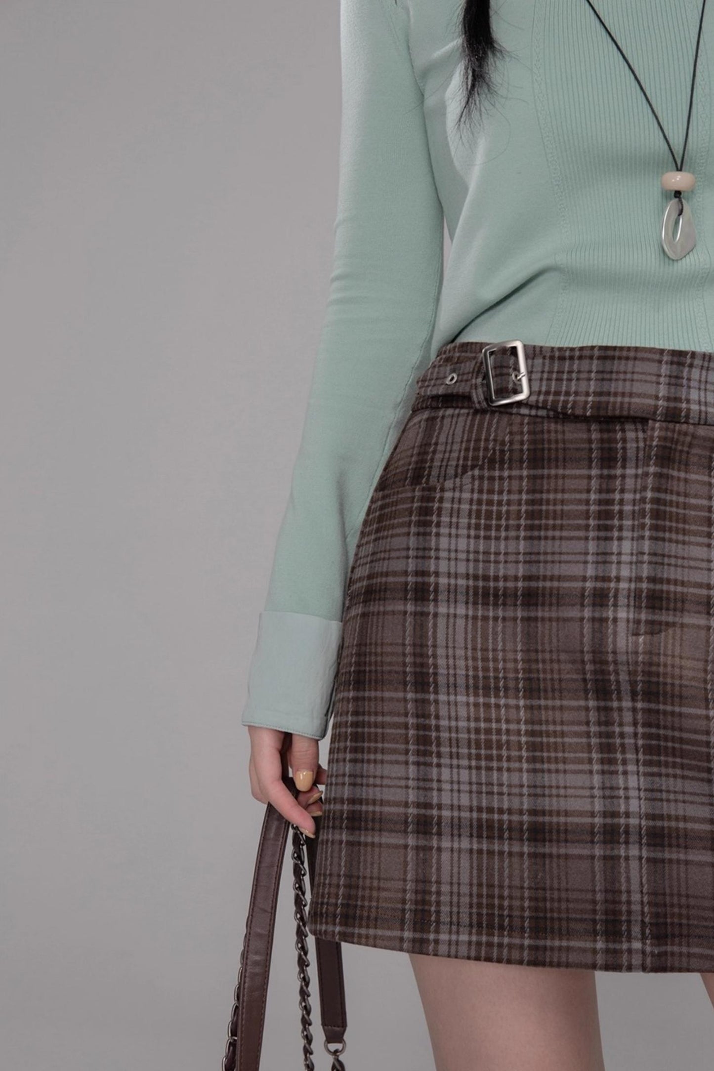 British Style Brushed Plaid With Belted Skirt
