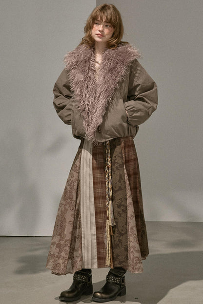 Floral Stitching Brown Skirt