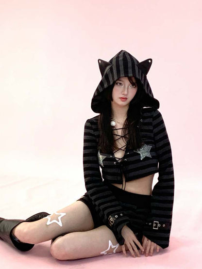 Cat Ears Border Lace Up Hoodie & Short Pants