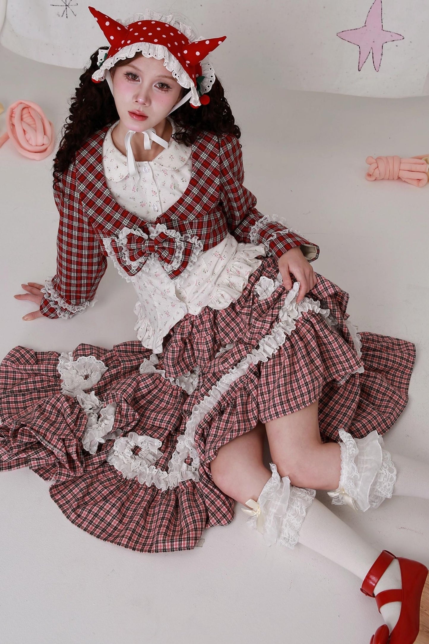 Christmas Red Checkered Bow Short Jacket