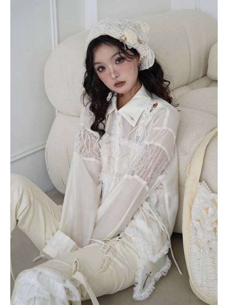 Lace-Up Crosses Embroidery Chiffon Lace Trim Shirt