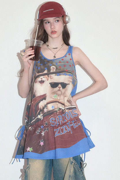 Blaues Retro-Trägerkleid mit Katzenmuster im Straßenmode-Stil