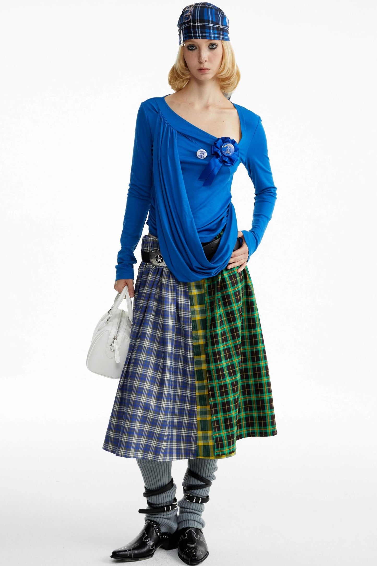 Blue-Green Plaid Pleated Skirt