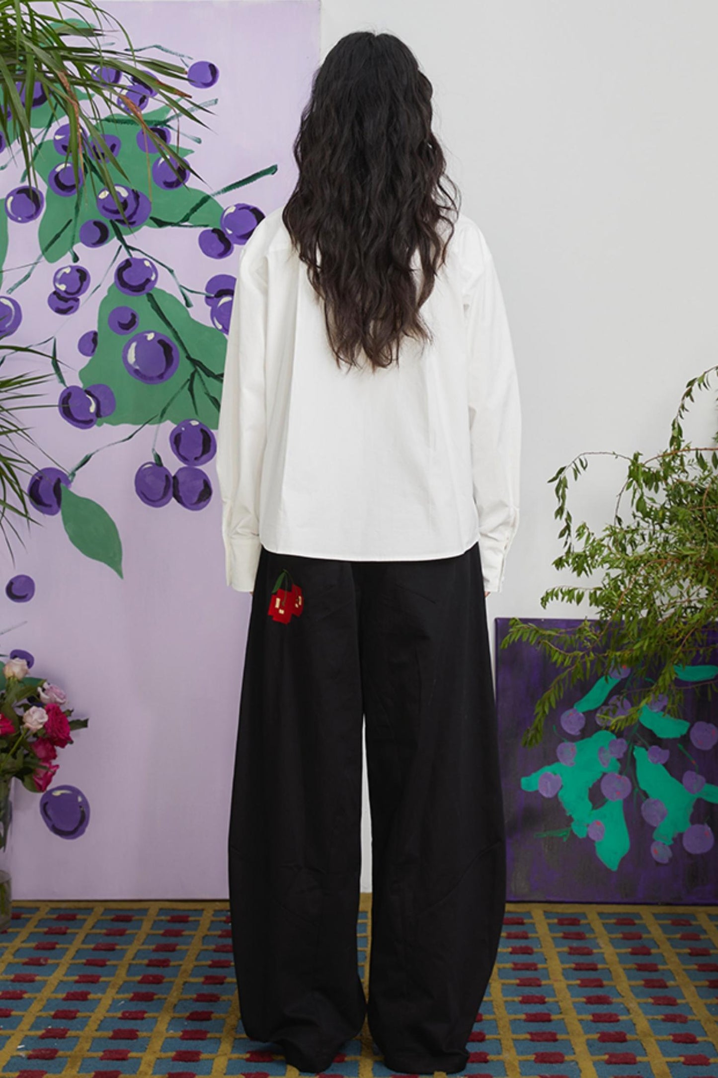 Retro Cherry Blossom Embroidered Pants