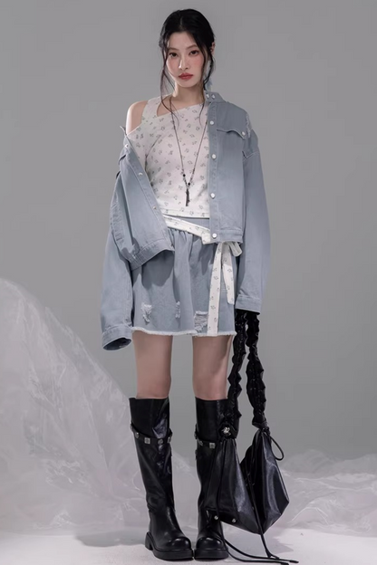 Distressed Rock Denim Jacket Set-Up