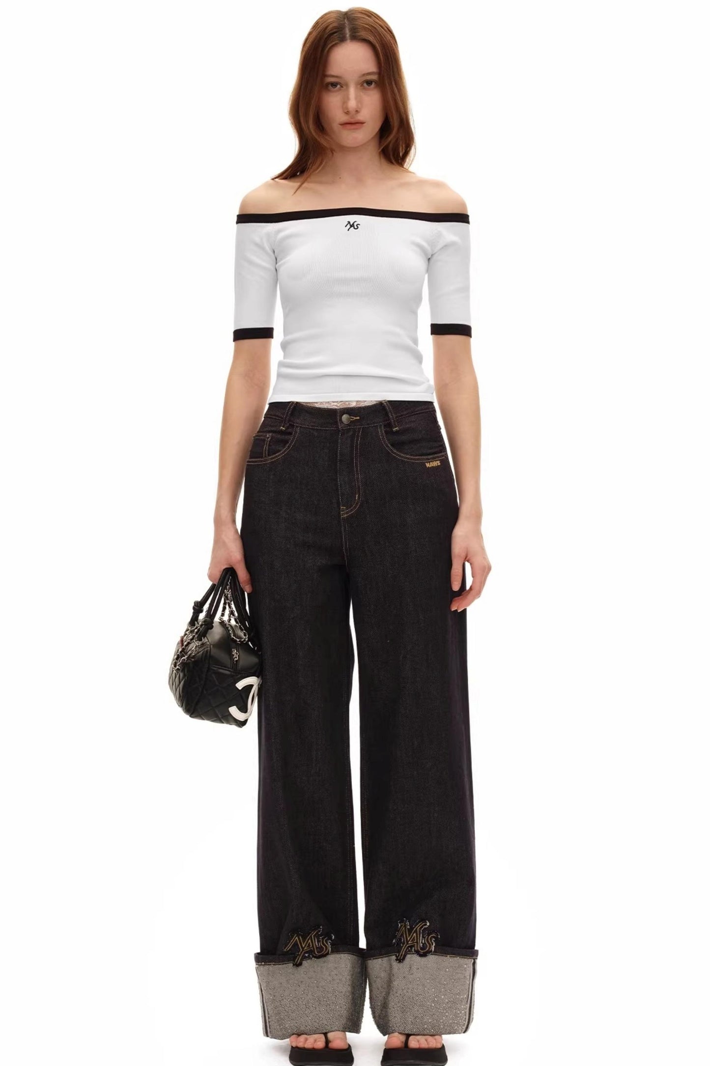 Off-Shoulder Contrast Knit Top