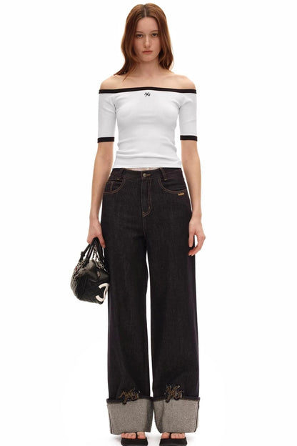 Off-Shoulder Contrast Knit Top