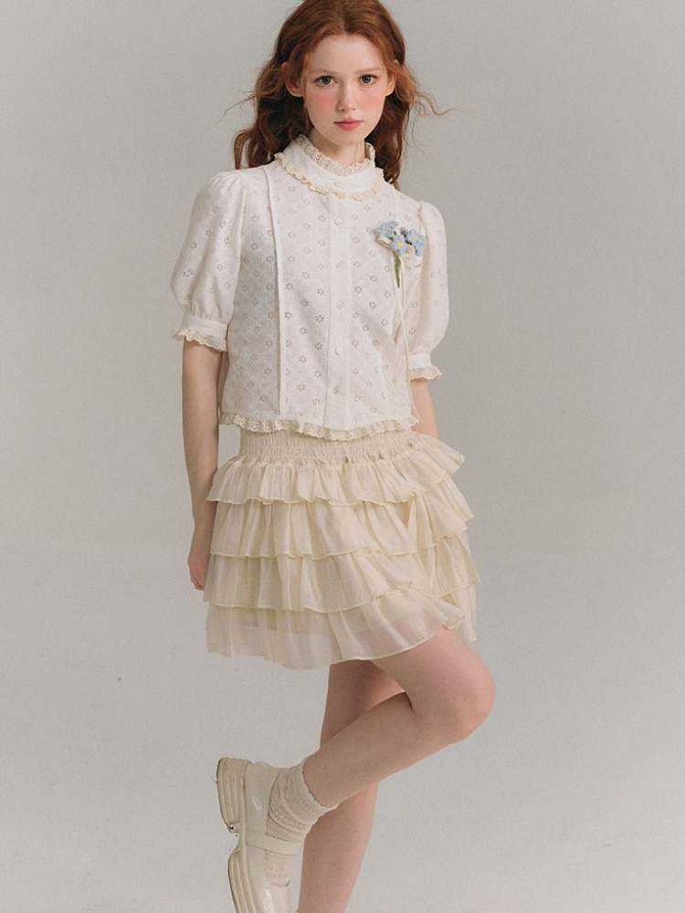 Flower Jacquard Lace French Short Sleeve Shirt