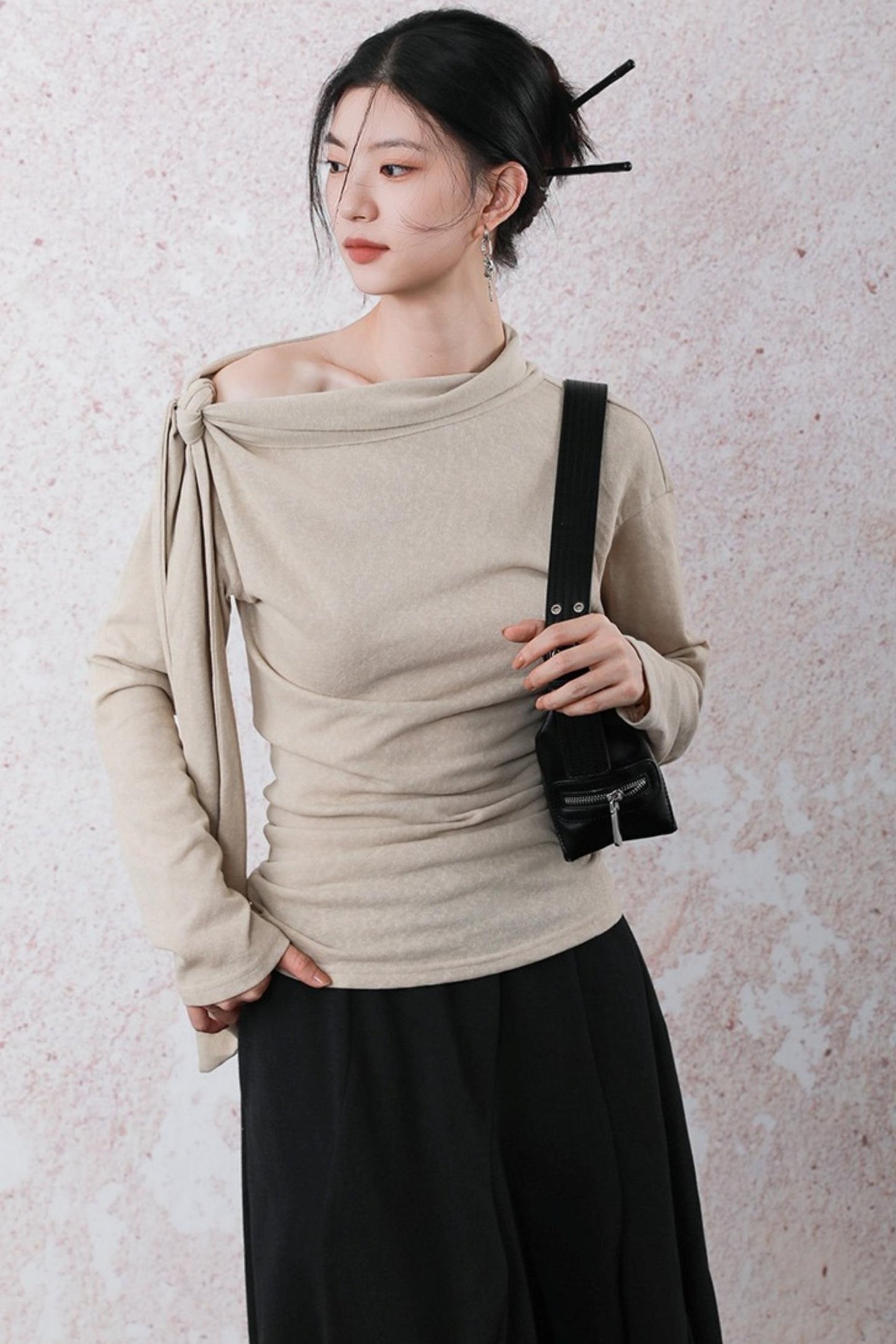 Milk Tea Long Sleeve One-Shoulder Top