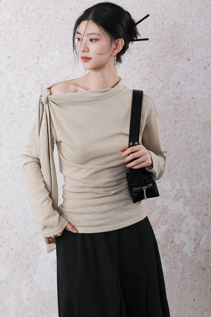 Milk Tea Long Sleeve One-Shoulder Top
