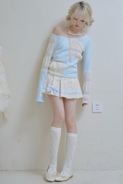 Beige Lace Blue Knit Crew Neck Long Sleeve Top