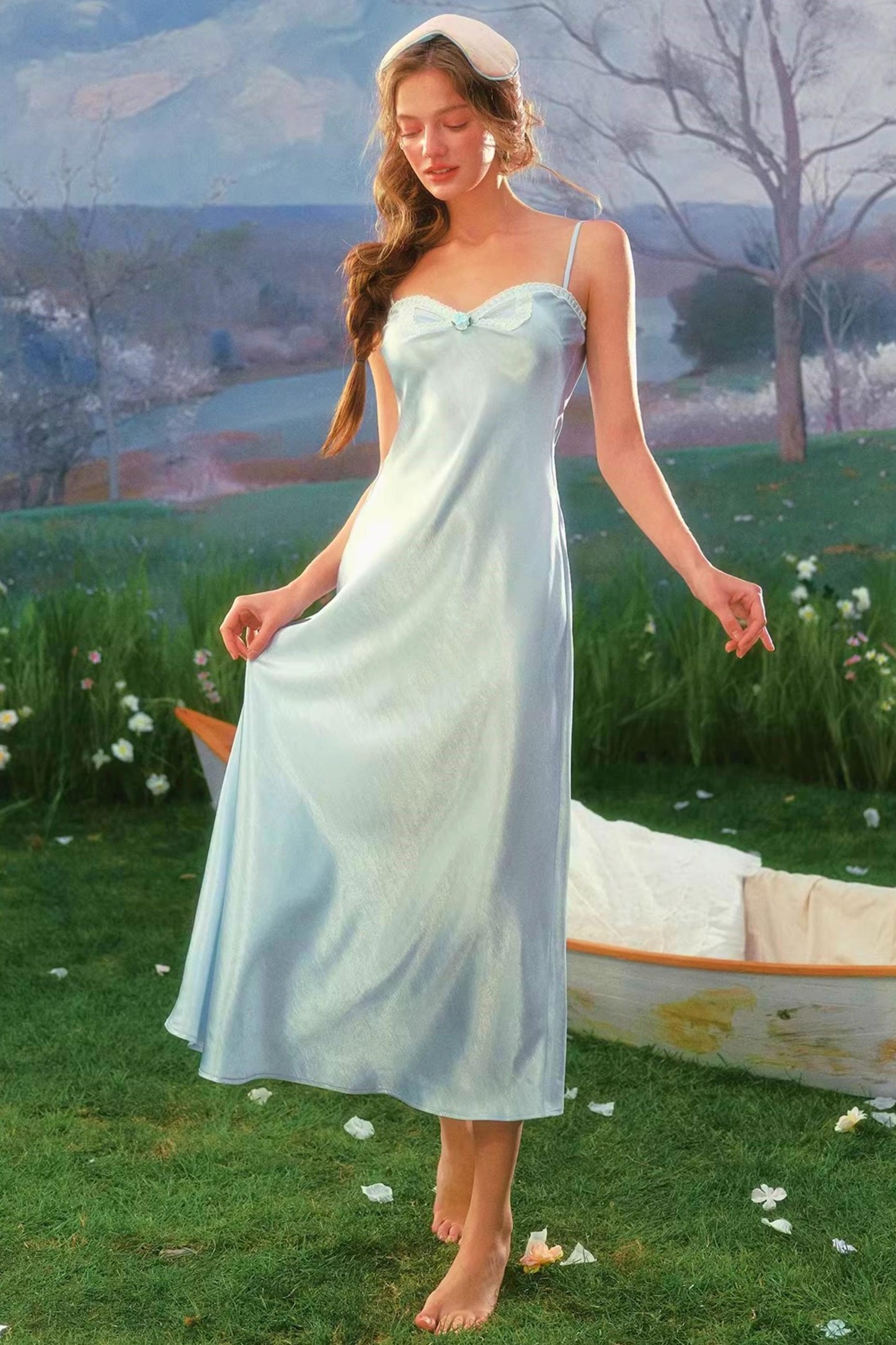 Blue Satin Cardigan Dress Set-Up