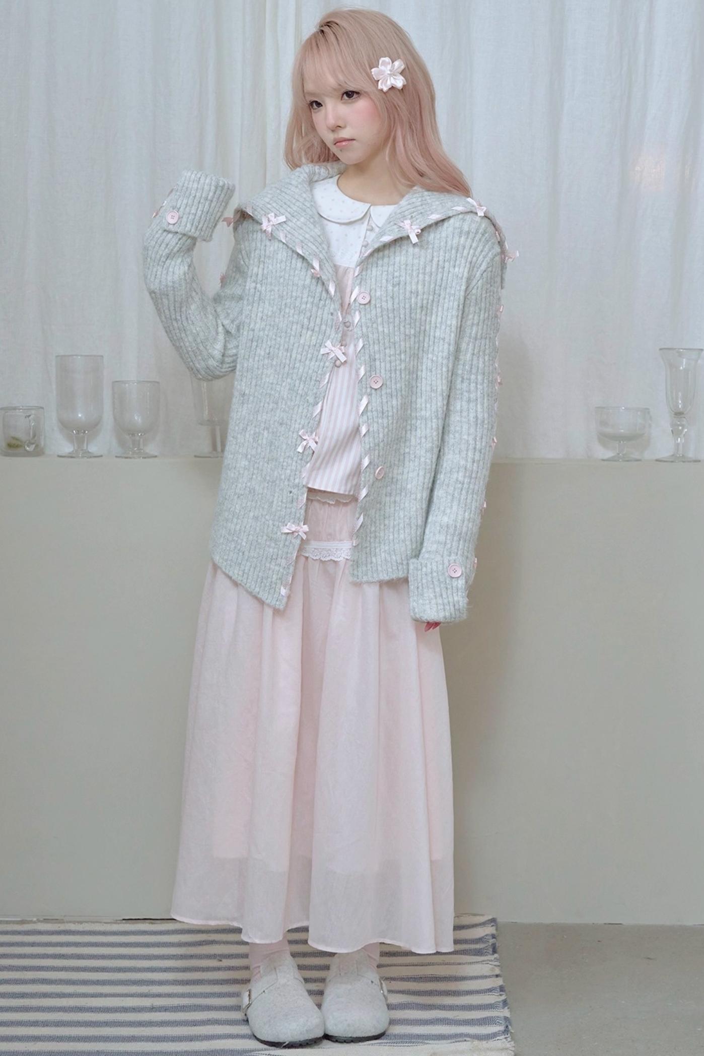 Lace Pleated Panel Pink Long Skirt
