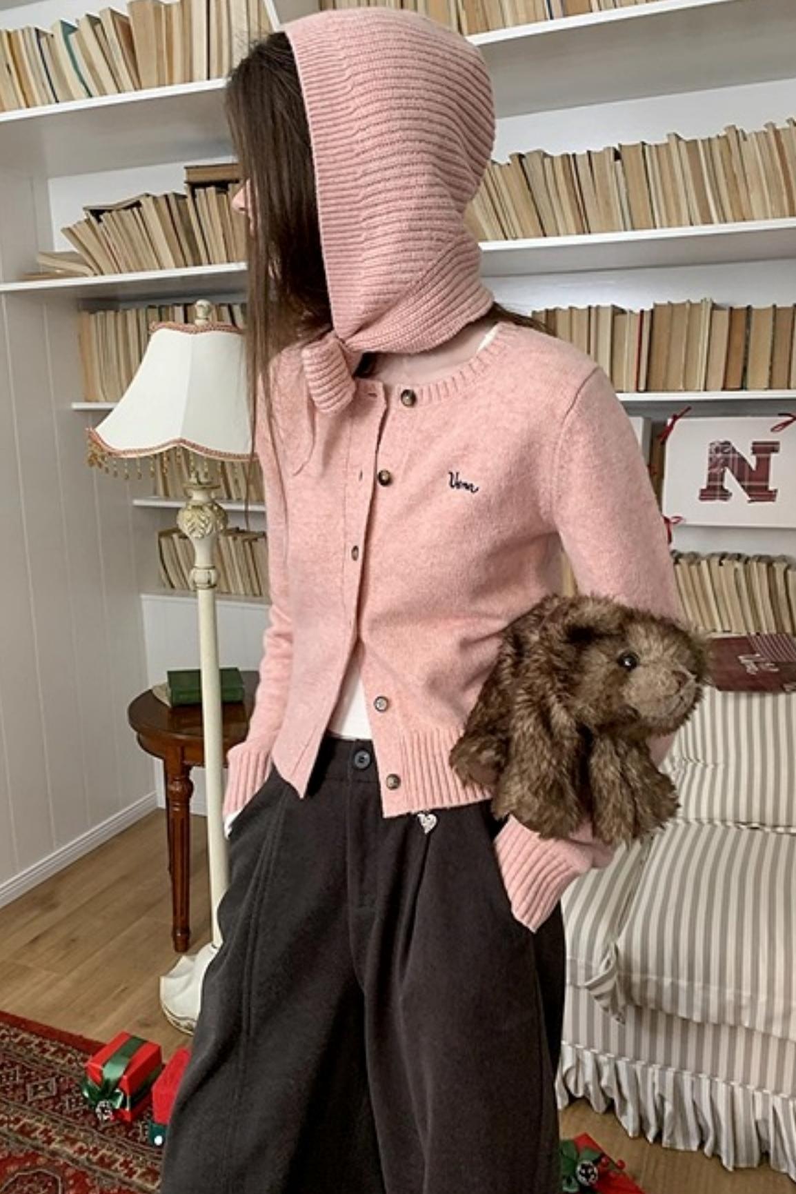 Pink Wool Hooded Cardigan