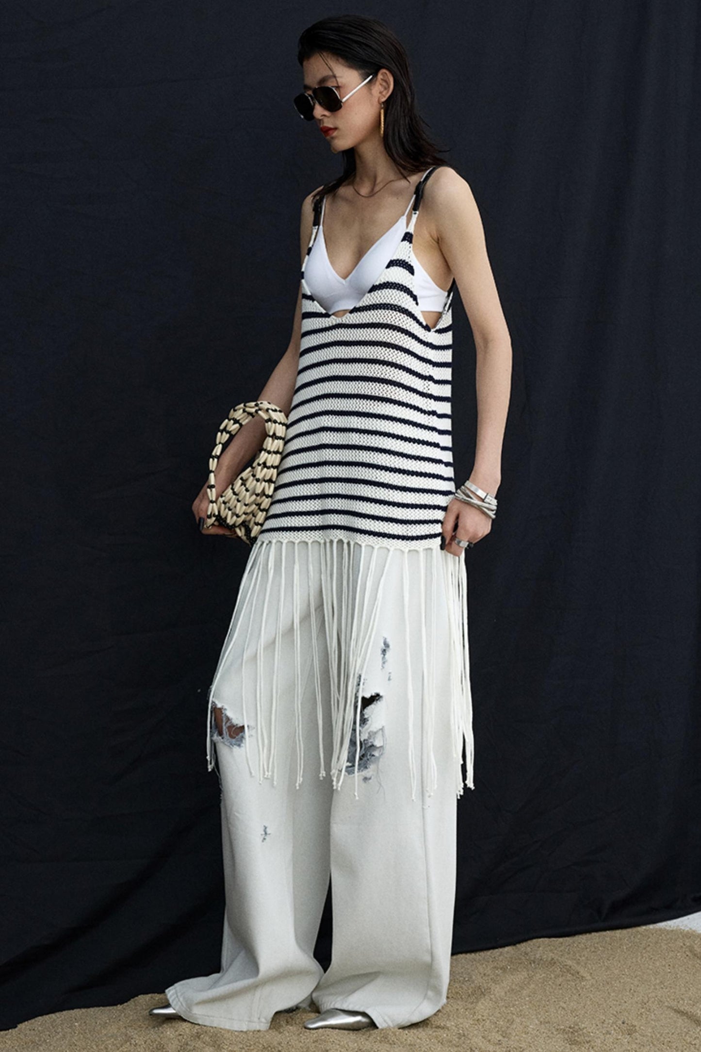 Summer Jacquard V-Neck Leather Hem Vest