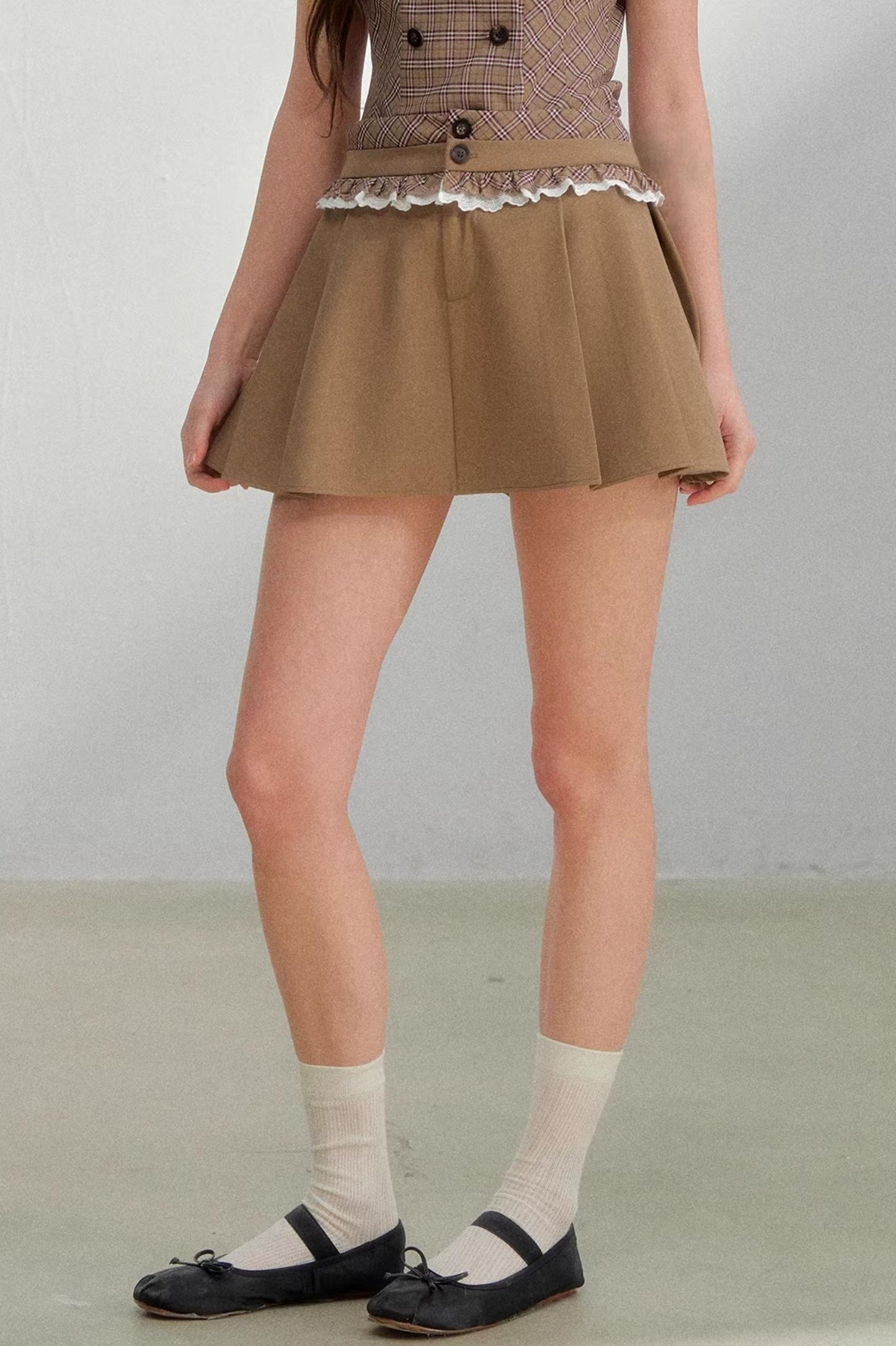 Retro Khaki Plaid Skirt Set-Up